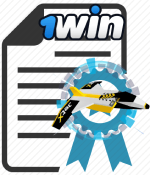 Grey icon of a document background with the '1win' logo, featuring an illustration of a rocket in the center surrounded by a circular blue ribbon