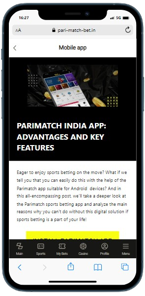 A smartphone displaying Parimatch site with Mobile app section