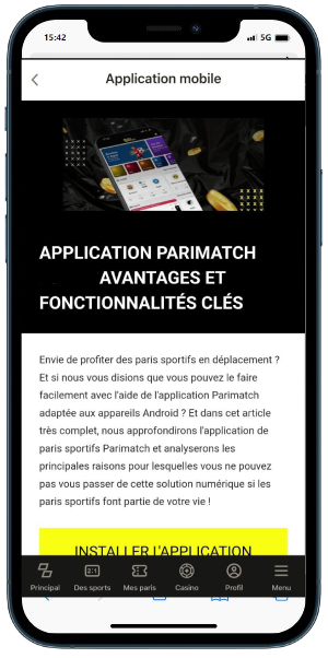 Un smartphone affichant le site Parimatch avec la section Application mobile