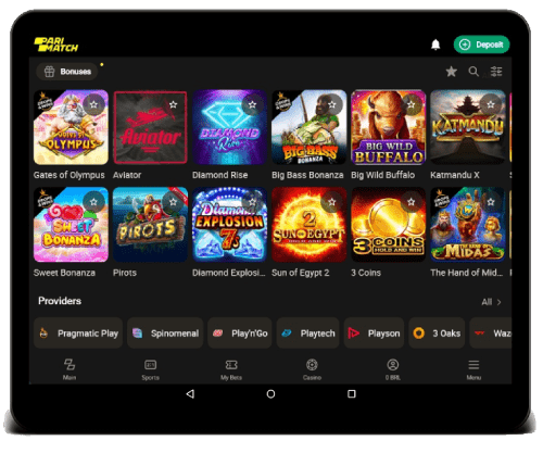 Um tablet exibindo uma interface de cassino Parimatch com várias miniaturas de jogos de caça-níqueis e uma lista de fornecedores na parte inferior.