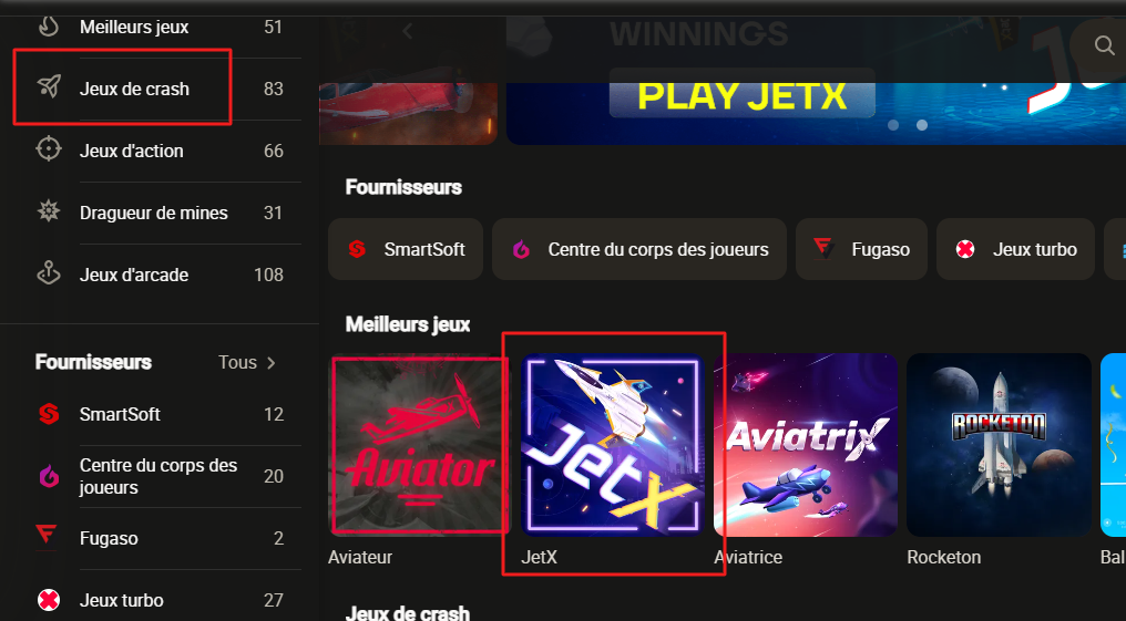 Interface du casino Parimatch mettant en évidence la catégorie Jeux de crash avec JetX  et d'autres jeux