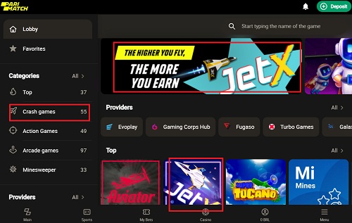 A dark-themed Parimatch interface highlighting 'Crash games' category with 'JetX' and other game icons.