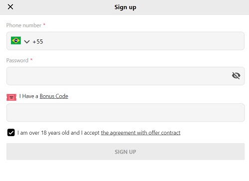 A sign-up form Parimatch with fields for phone number, password, and an option to enter a bonus code, along with a checkbox for age agreement and a 'SIGN UP' button.