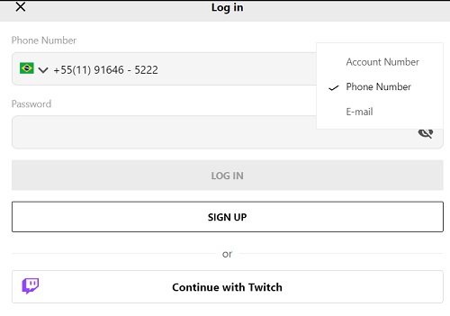 A log-in form Parimatch showing fields for phone number, password, a dropdown for account number, phone number, or email, and options to 'LOG IN', 'SIGN UP', or 'Continue with Twitch'.