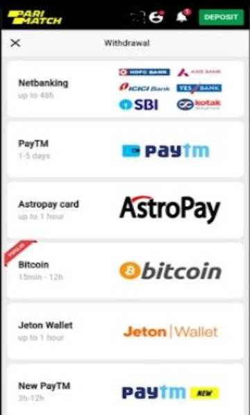 A selection of withdrawal methods Parimatch on a mobile app, including Netbanking, PayTM, Astropay Card, Bitcoin, Jeton Wallet and other.