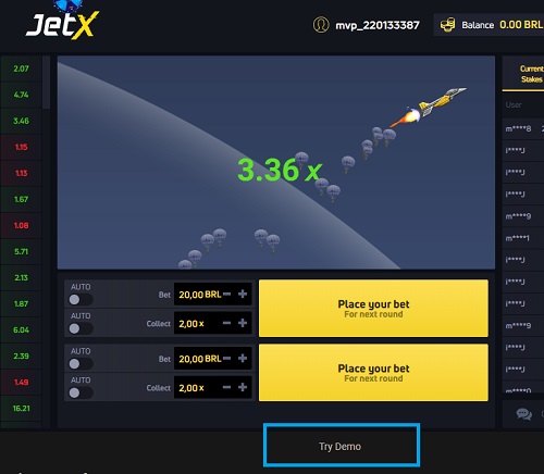 Uma interface de jogo JetX mostrando um jato voando com multiplicador de 3,36x, com áreas para fazer apostas para a próxima rodada e um botão 'Experimentar Demo'.