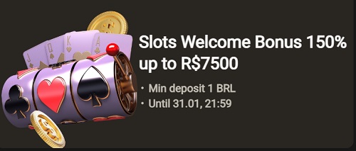 Um banner promocional Parimatch para um 'Bônus de boas-vindas em slots de 150% até R$ 7.500' com depósito mínimo e data de validade.