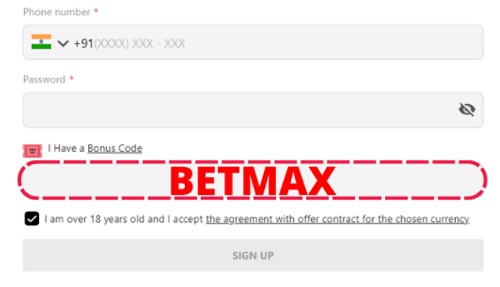 Um formulário de inscrição Parimatch destacando o código de bônus 'BETMAX' com campos para número de telefone e senha e uma caixa de seleção para acordo de idade.