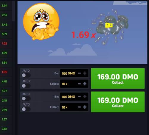 Uma interface JetX mostrando um emoji chorando, um multiplicador de 1,69x e campos para valor da aposta e opções de coleta.