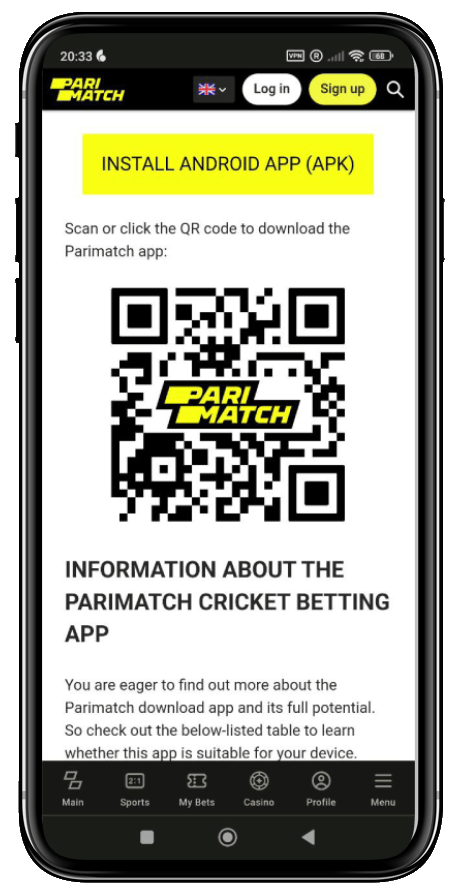 Tela de smartphone exibindo um código QR para download do aplicativo Parimatch com informações sobre o aplicativo de apostas em críquete.