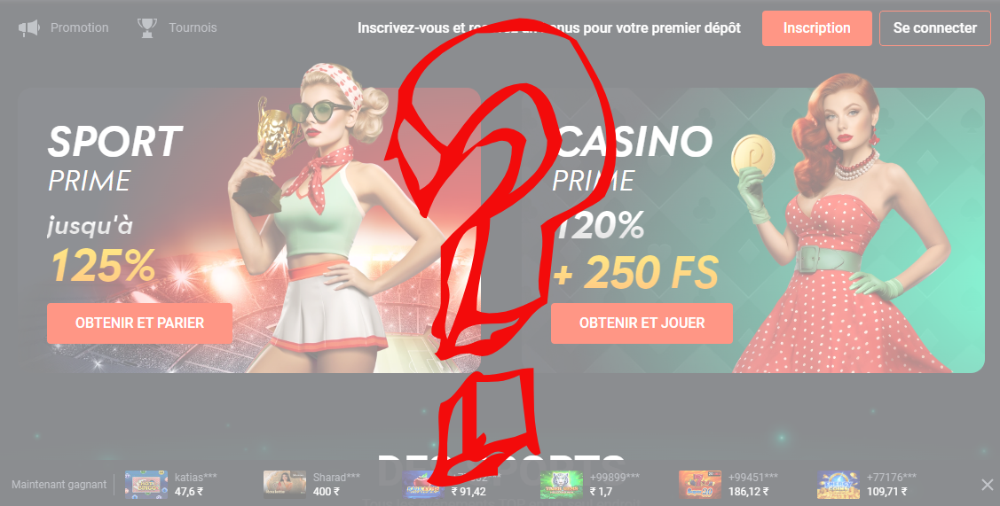 Une interface de casino PinUp avec une superposition de signe de question