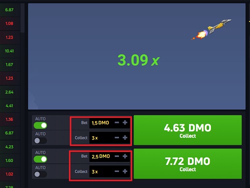 A JetX game interface showing a rocket flight in the sky with the multiplier of 3.09x, and betting options and potential collect amounts displayed below.