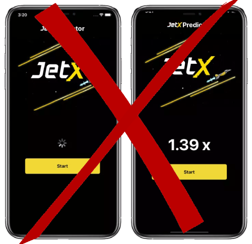Dois smartphones exibindo a interface do jogo JetX, com um botão ‘Iniciar’ e um multiplicador ‘1,39x’, ambos riscados por um grande ‘X’ vermelho.