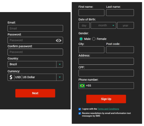 Um formulário de registro Pinup em duas partes com campos para e-mail, senha, país e moeda à esquerda e detalhes pessoais como nome, data de nascimento e número de telefone à direita.