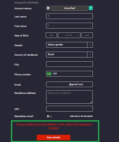 Um formulário de verificação de conta Pinup com campos para detalhes pessoais, incluindo nome, data de nascimento e informações de contato, com uma nota de cuidado na parte inferior.