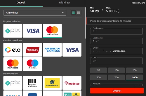Uma interface de depósito Pinup com vários ícones de métodos de pagamento como Visa, MasterCard e Pix, além de um formulário para detalhes da transação com limites mínimo e máximo.