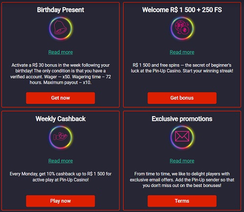 Uma série de ofertas promocionais Pinup para jogos de cassino, incluindo presentes de aniversário, bônus de boas-vindas, cashback semanal e promoções exclusivas, cada uma com um botão Obter bônus.