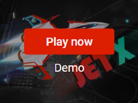 A graphic with the JetX logo and a 'Play now' button overlaying an image of a rocket in flight, suggesting the start of a game demo.