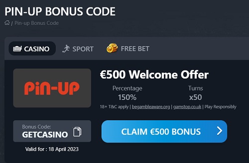 A promotional banner for PIN-UP CASINO offering a €500 welcome bonus with a bonus code 'GETCASINO' and a 'CLAIM €500 BONUS' button.