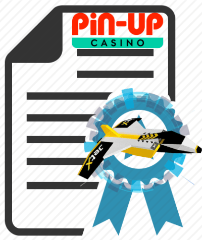 Une icône de document avec le logo Pin-Up Casino et une fusée JetX stylisée avec un ruban bleu